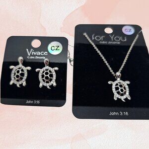 Turtle Studs Earrings and Necklace Set Cubic Zirconia Crystals Silver Toned NWT